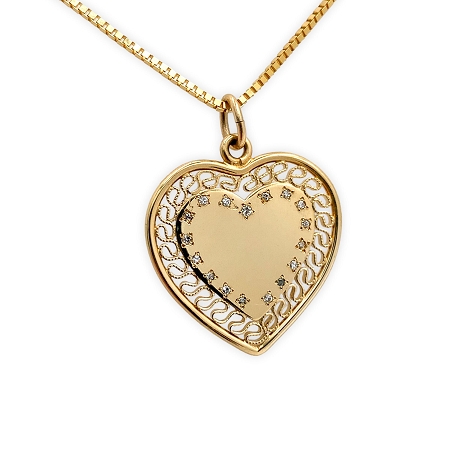 14K Gold Necklace with Filigree Heart Pendant and Diamonds   j7630